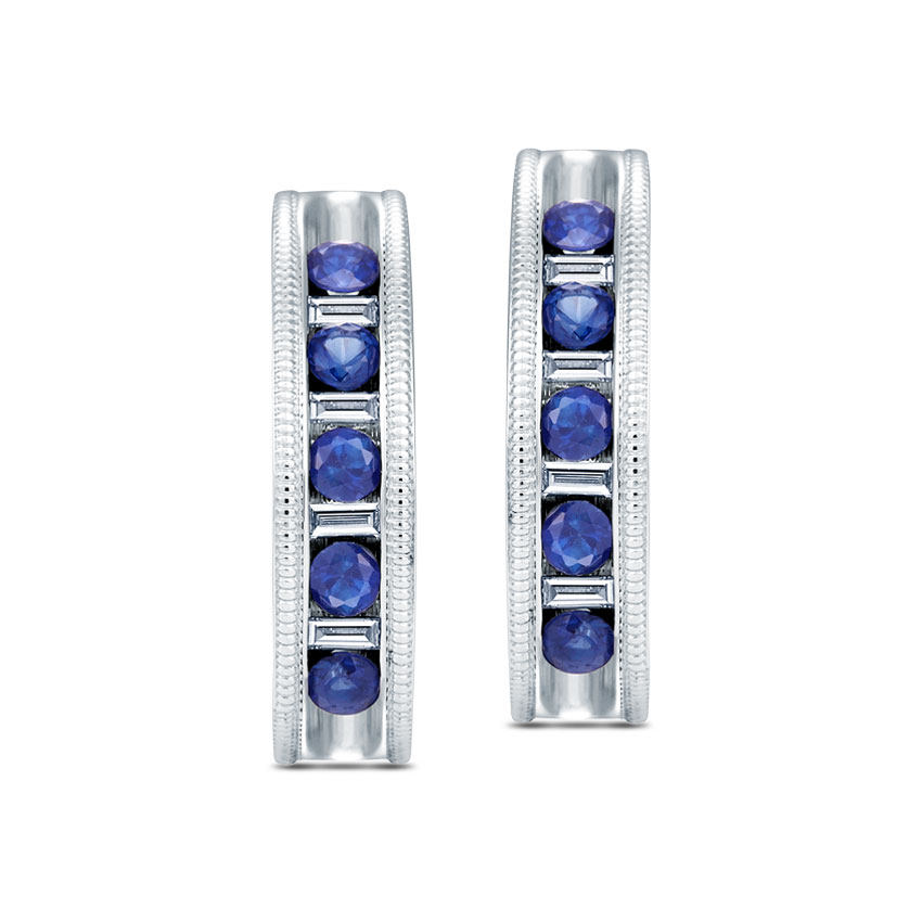 Metro Diamond (0.12 ct) & Blue Sapphire (2 mm) Hoops, 18K White Gold Metro Diamond (0.12 ct) & Blue Sapphire (2 mm) Hoops, 18K White Gold