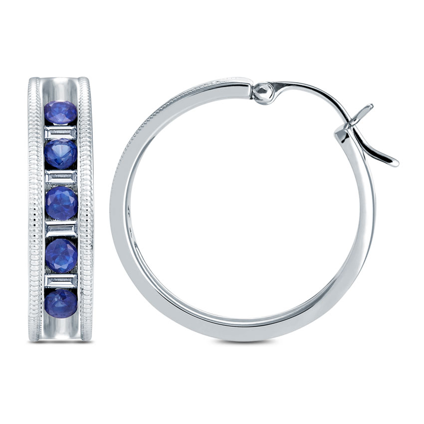 Metro Diamond (0.12 ct) & Blue Sapphire (2 mm) Hoops, 18K White Gold Metro Diamond (0.12 ct) & Blue Sapphire (2 mm) Hoops, 18K White Gold