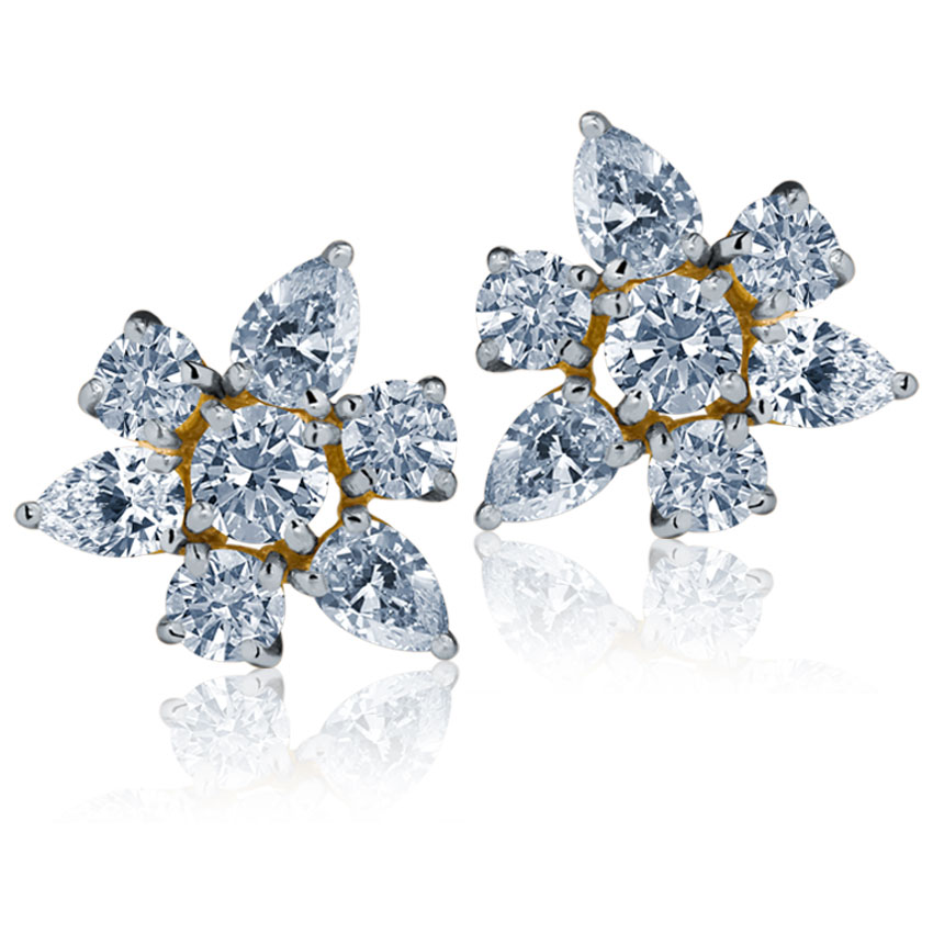 Contemporary Seven-Stone Round & Pear-cut Diamond Studs, 18K Yellow Gold, 1.77 ct diamond weight Contemporary Seven-Stone Round & Pear-cut Diamond Studs, 18K Yellow Gold, 1.77 ct diamond weight