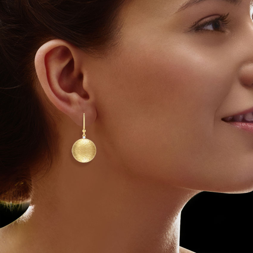 Diamond Earrings 18 Karat Yellow Gold Hammered Disk Hook Earrings
