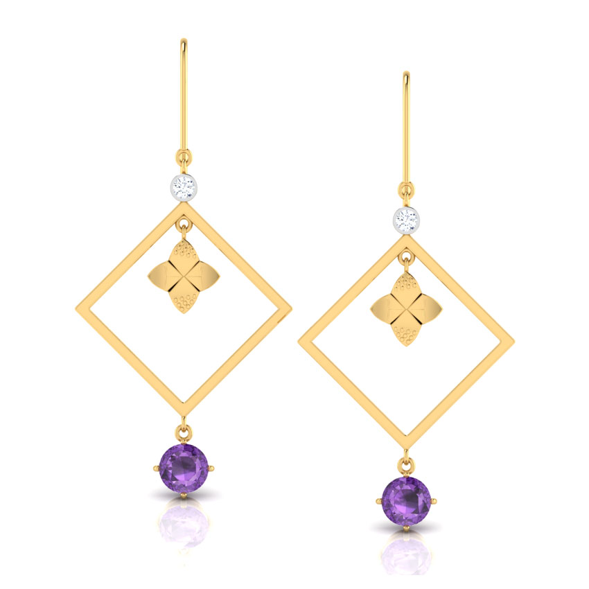 Diamond,Gemstone Earrings 18 Karat Yellow Gold Amethyst Square Earrings