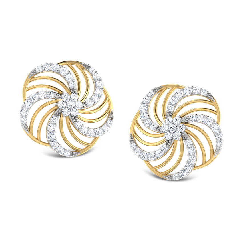 Diamond Earrings 18 Karat Yellow Gold Floral Wave Diamond Stud Earrings