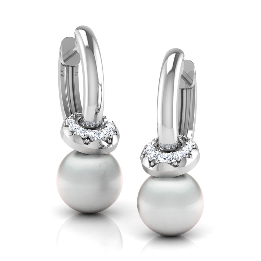 Diamond,Gemstone Earrings 18 Karat White Gold Eclipse Pearl Hoop Earrings