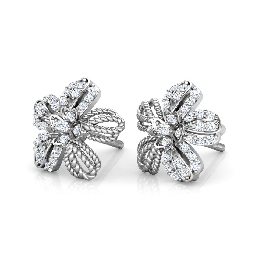 Diamond Earrings 14 Karat White Gold Buttercup Flower Diamond Stud Earrings