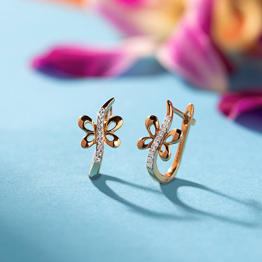 Diamond Earrings 18 Karat Yellow Gold Adeal Butterfly Diamond Hoop Earrings