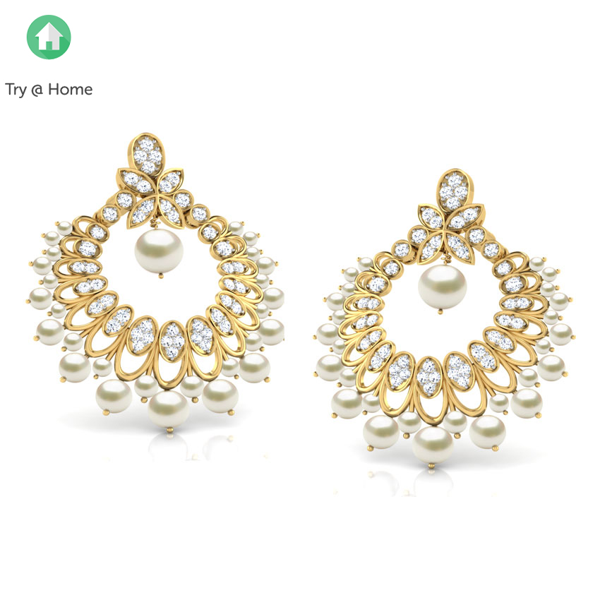 Diamond,Gemstone Earrings 18 Karat Yellow Gold Aara Droplet Pearl Chand Bali