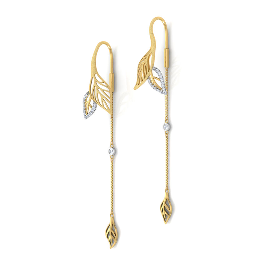 Diamond Earrings 18 Karat Yellow Gold Daffodil Leaf Diamond Sui Dhaga