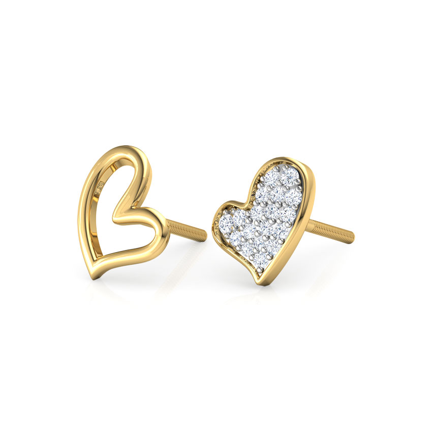 Diamond Earrings 18 Karat Yellow Gold Full Heart Mismatched Diamond Stud Earrings