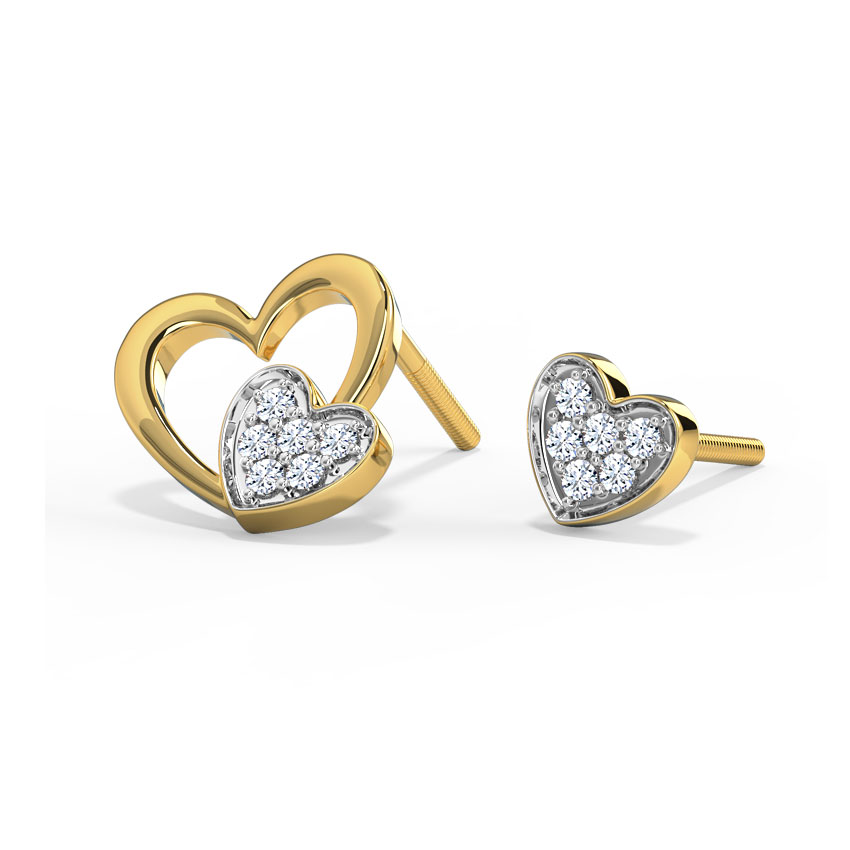 Diamond Earrings 18 Karat Yellow Gold Heart & Heart Mismatched Diamond Stud Earrings