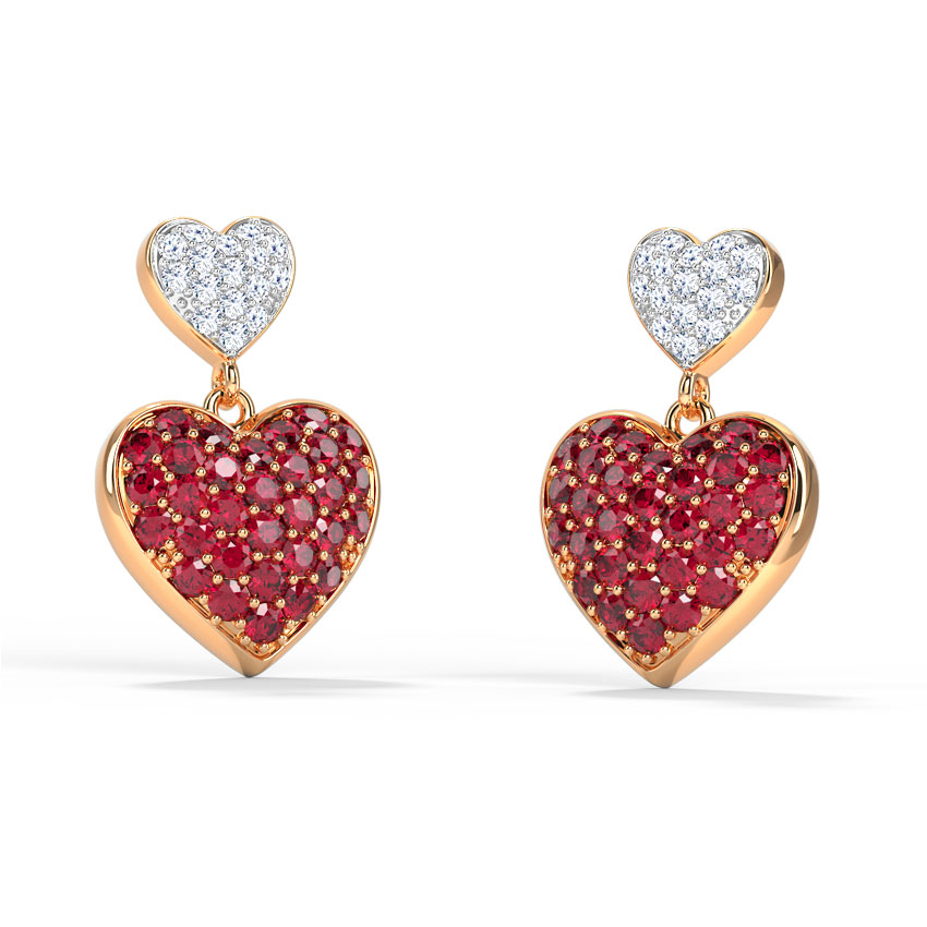 Diamond,Gemstone Earrings 18 Karat Rose Gold Duo Heart Drop Earrings