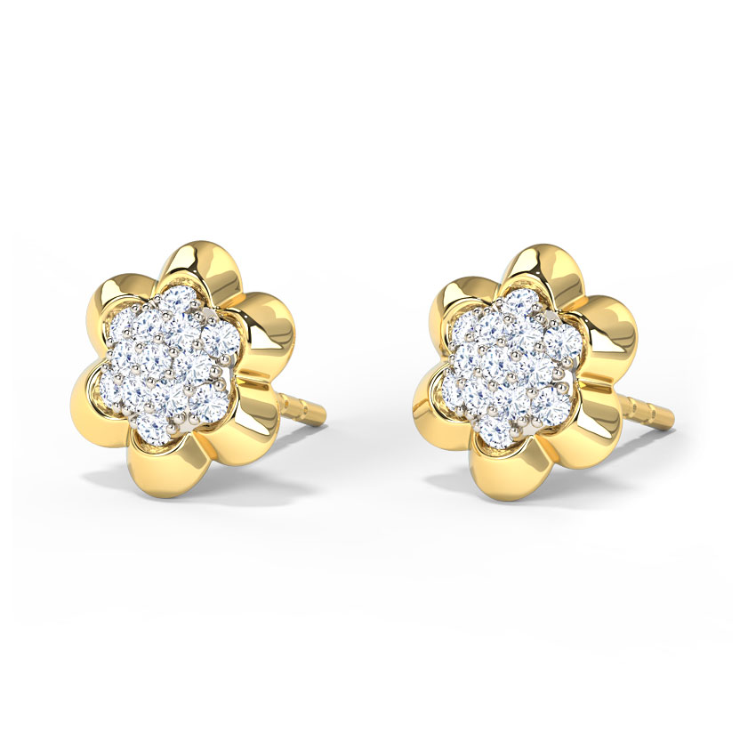 Diamond Earrings 18 Karat Yellow Gold Floral Clutch Diamond Stud Earrings