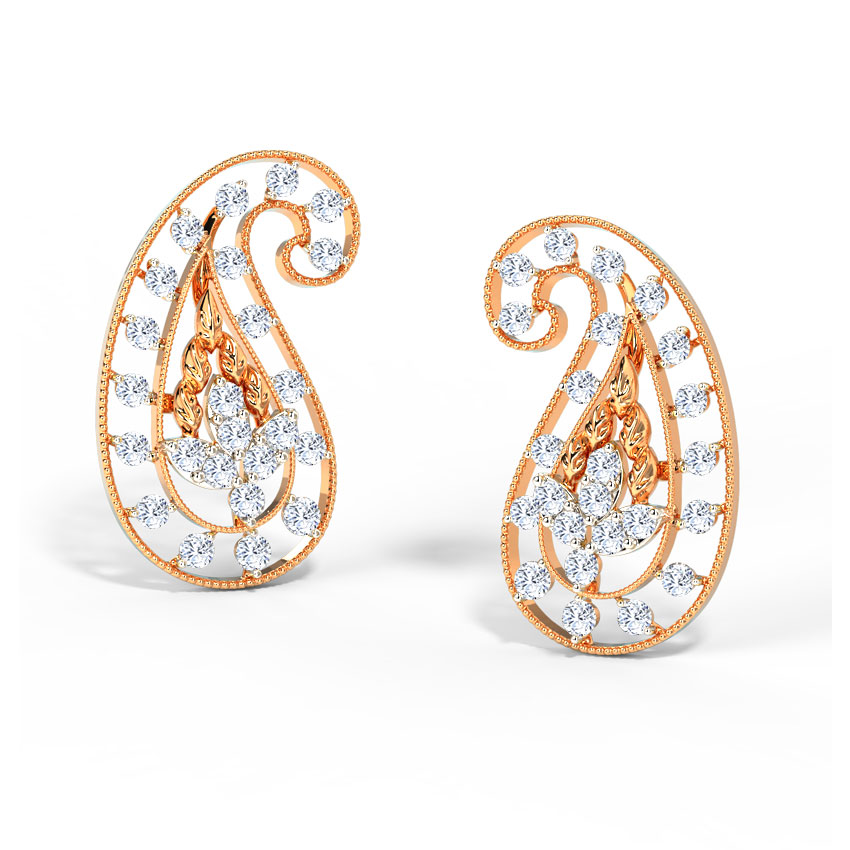 Diamond Earrings 18 Karat Rose Gold Deco Paisley Diamond Stud Earrings