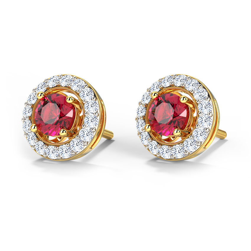 Diamond,Gemstone Earrings 18 Karat Yellow Gold Orbed Stud Gemstone Stud Earrings