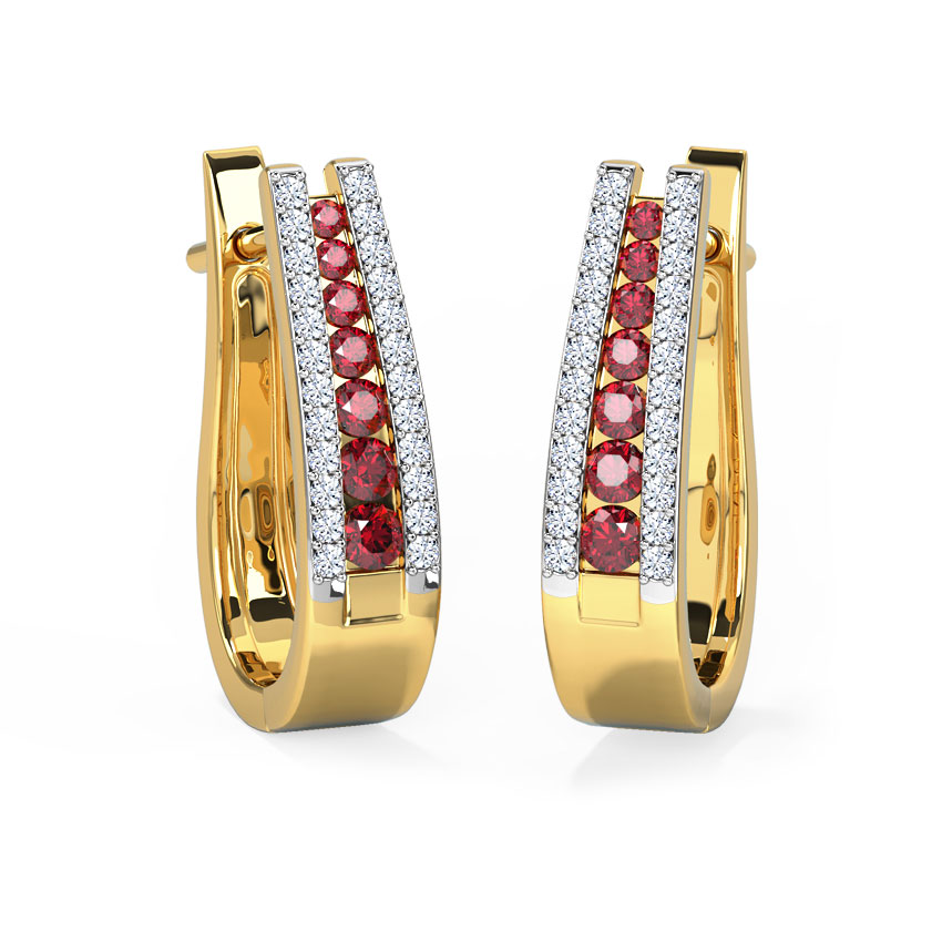 Diamond,Gemstone Earrings 14 Karat Yellow Gold Tri Row Gemstone Hoop Earrings