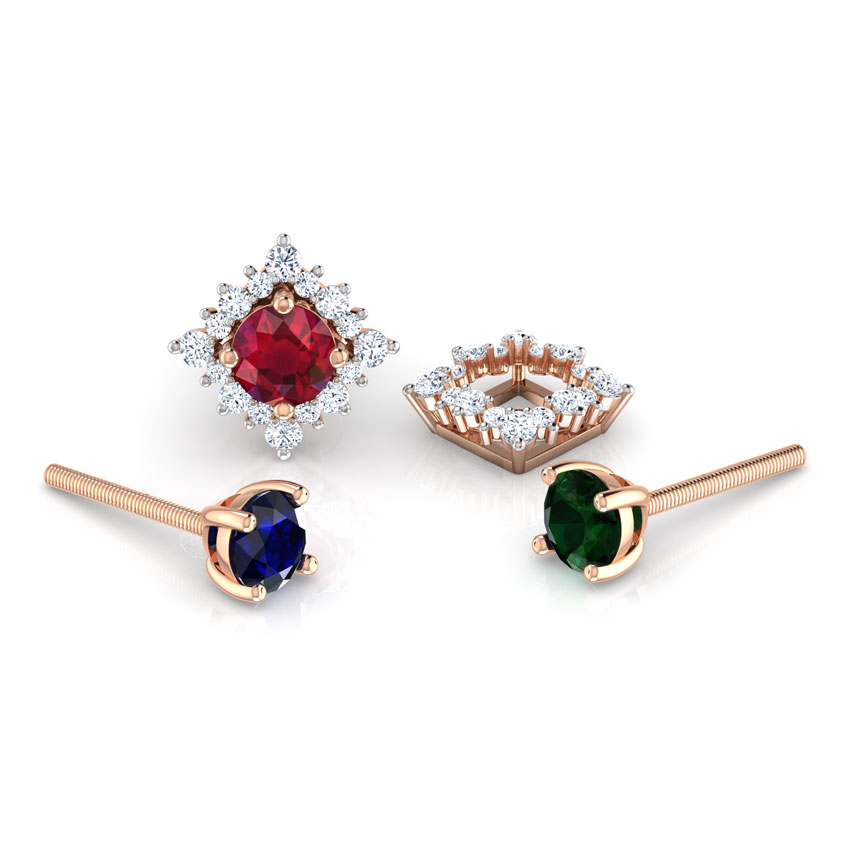 Diamond,Gemstone Earrings 18 Karat Rose Gold Rhombus Multi-Style Gemstone Stud Earrings