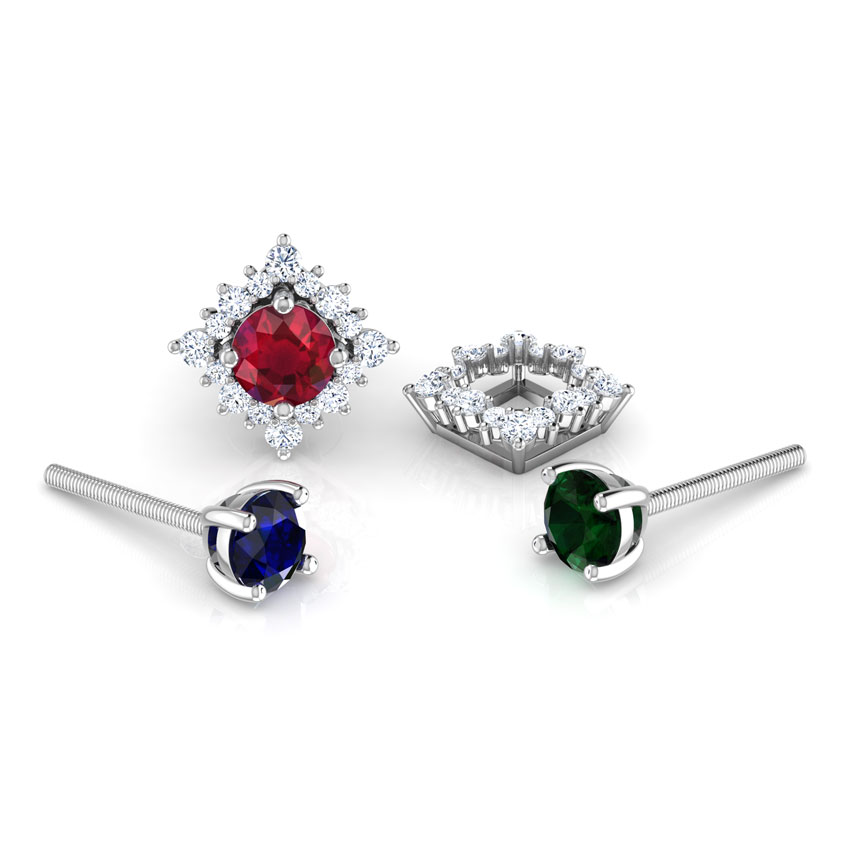 Diamond,Gemstone Earrings 18 Karat White Gold Rhombus Multi-Style Gemstone Stud Earrings