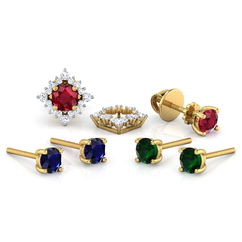 Diamond,Gemstone Earrings 18 Karat Yellow Gold Rhombus Multi-Style Gemstone Stud Earrings