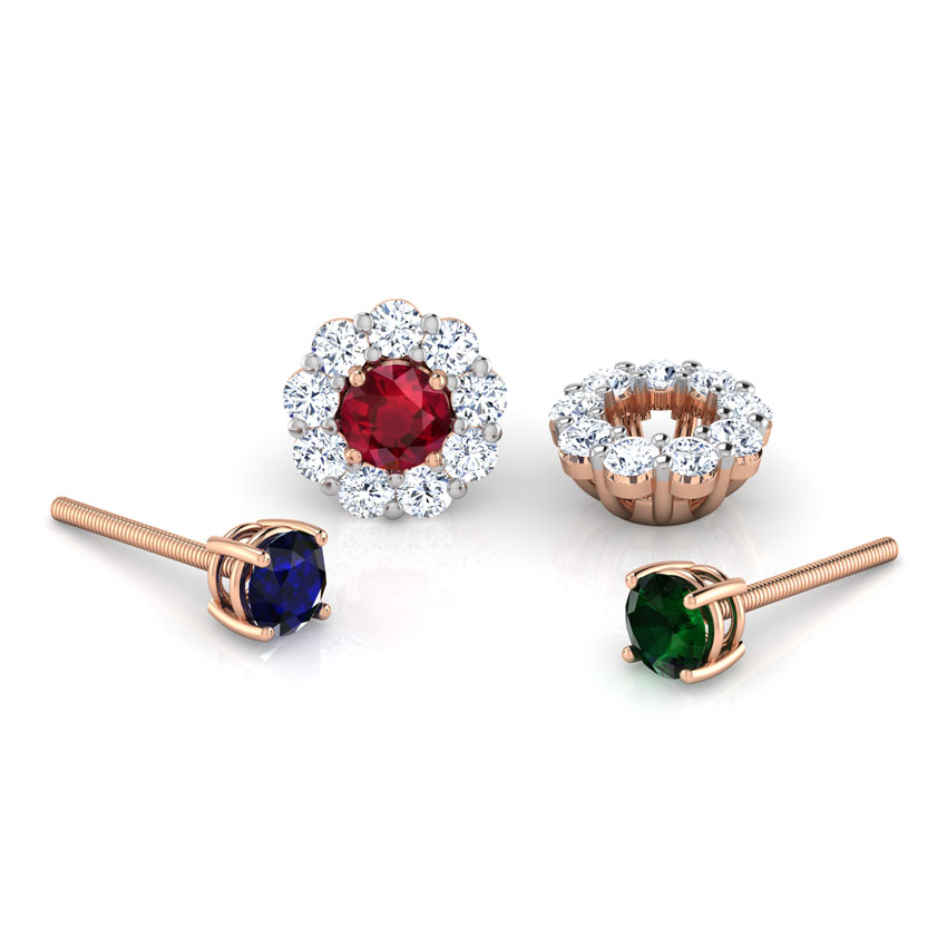 Diamond,Gemstone Earrings 18 Karat Rose Gold Ovate Multi-Style Gemstone Stud Earrings