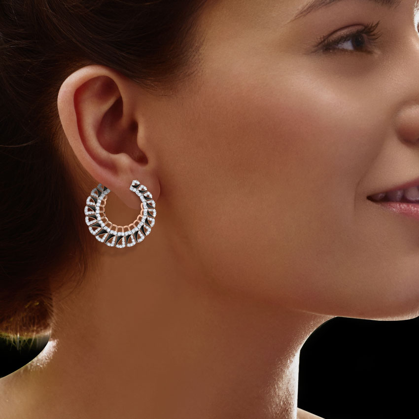 Enamel Semicircle Diamond Hoop Earrings