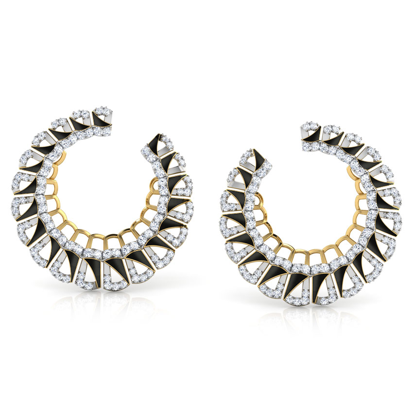 Diamond Earrings 14 Karat Yellow Gold Enamel Semicircle Diamond Hoop Earrings