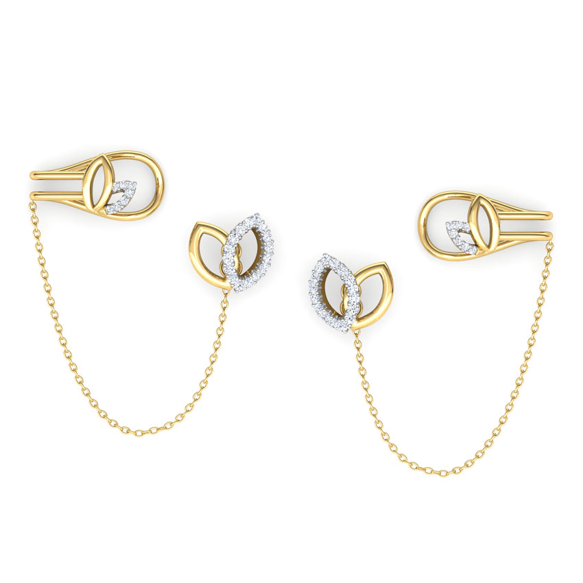 Diamond Earrings 14 Karat Yellow Gold Petals Chain Diamond Ear Cuffs