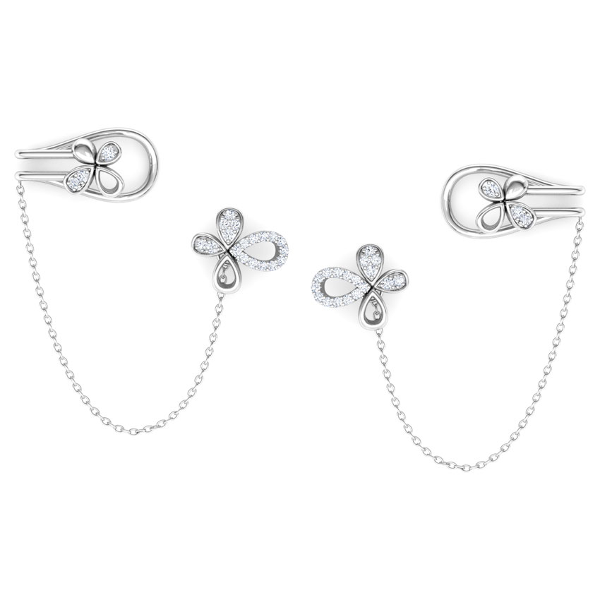 Diamond Earrings 14 Karat White Gold Floret Chain Diamond Ear Cuffs