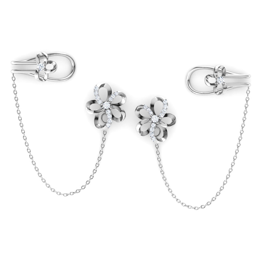 Diamond Earrings 18 Karat White Gold Blossom Chain Diamond Ear Cuffs