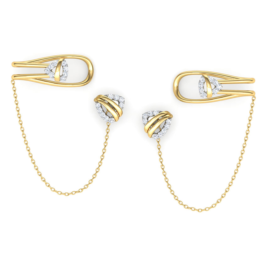 Diamond Earrings 14 Karat Yellow Gold Trigon Chain Diamond Ear Cuffs