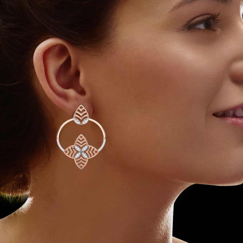 Diamond Earrings 18 Karat Rose Gold Saguna Stroke Diamond Chand Bali