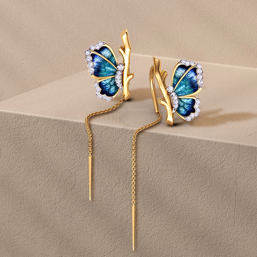 Diamond,Gemstone Earrings 18 Karat Yellow Gold Flutter Blue Butterfly Diamond Sui Dhaga