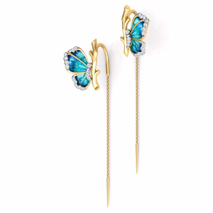 Diamond,Gemstone Earrings 18 Karat Yellow Gold Flutter Blue Butterfly Diamond Sui Dhaga