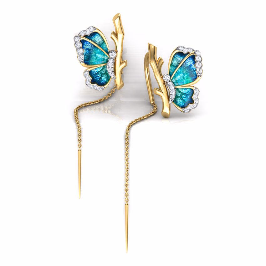 Diamond,Gemstone Earrings 18 Karat Yellow Gold Flutter Blue Butterfly Diamond Sui Dhaga