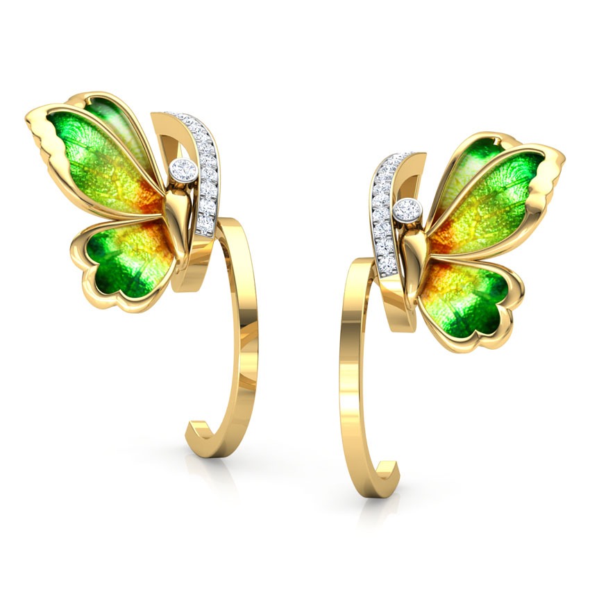 Diamond Earrings 18 Karat Yellow Gold Tendril Green Butterfly Diamond Hoop Earrings