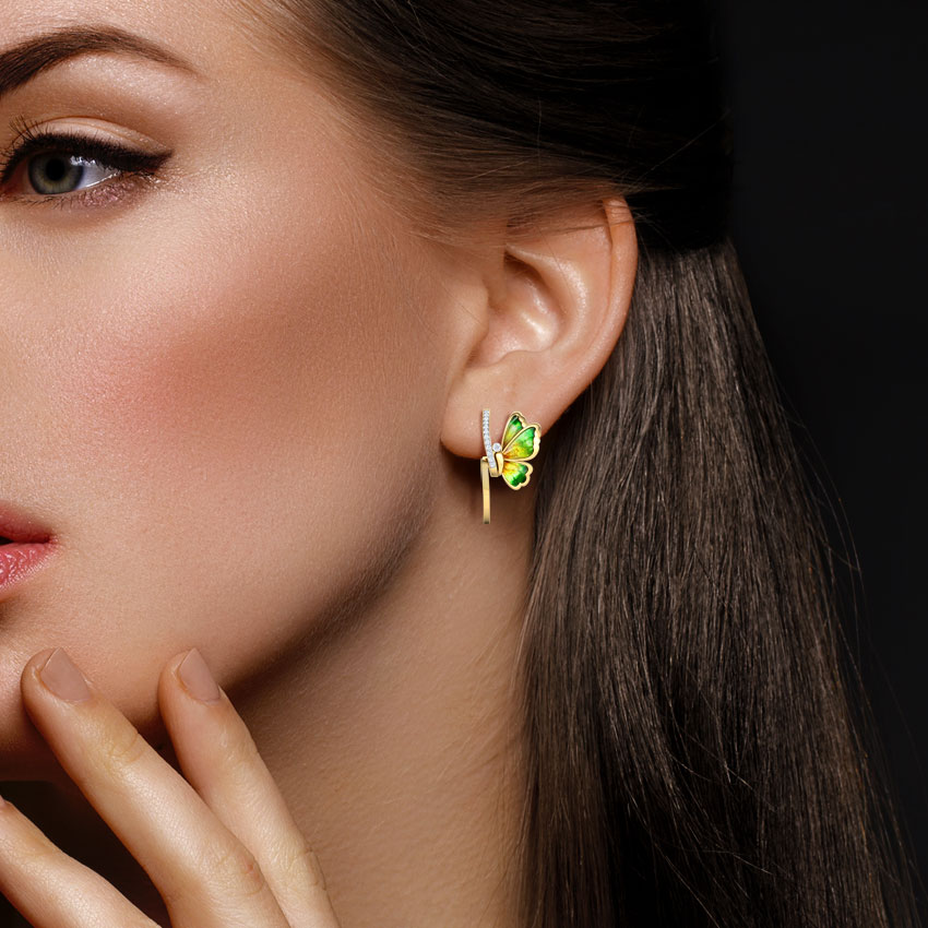 Tendril Green Butterfly Diamond Hoop Earrings