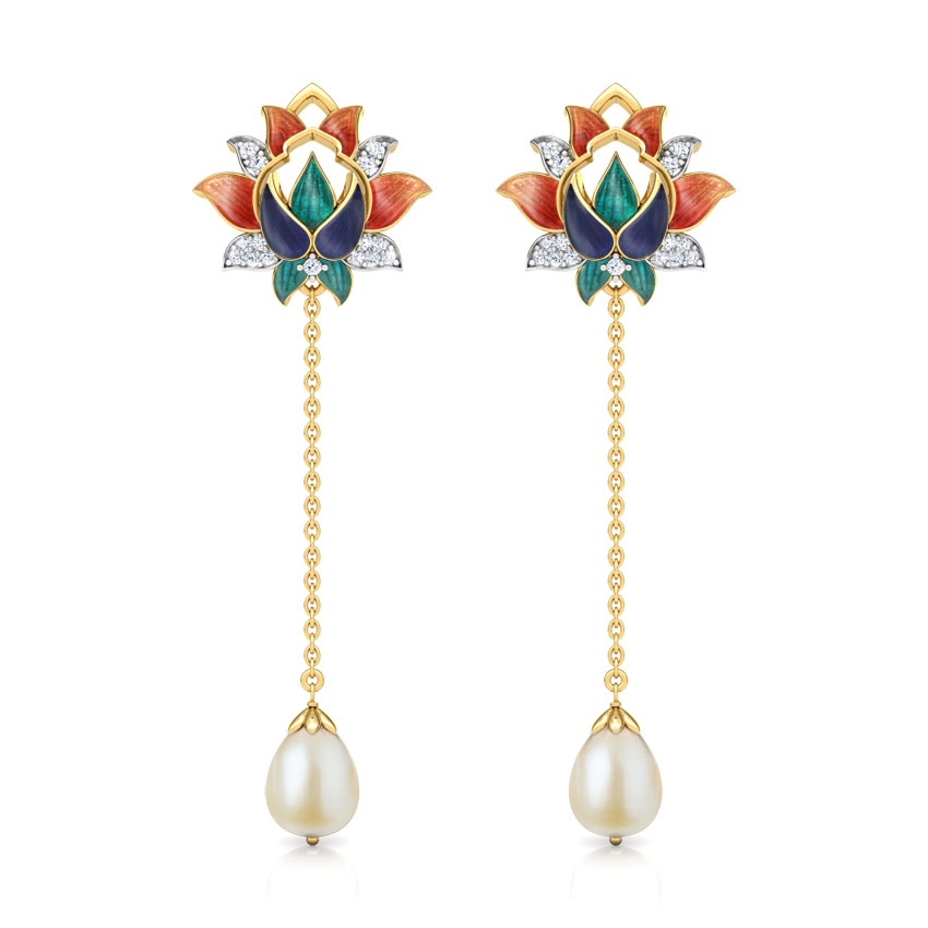 Diamond,Gemstone Earrings 18 Karat Yellow Gold Fahima Lotus Gemstone Drop Earrings