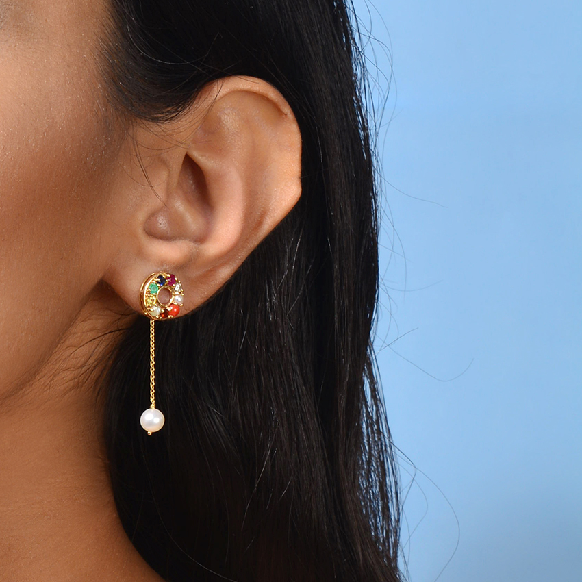 Halo Navratna Gemstone Drop Earrings