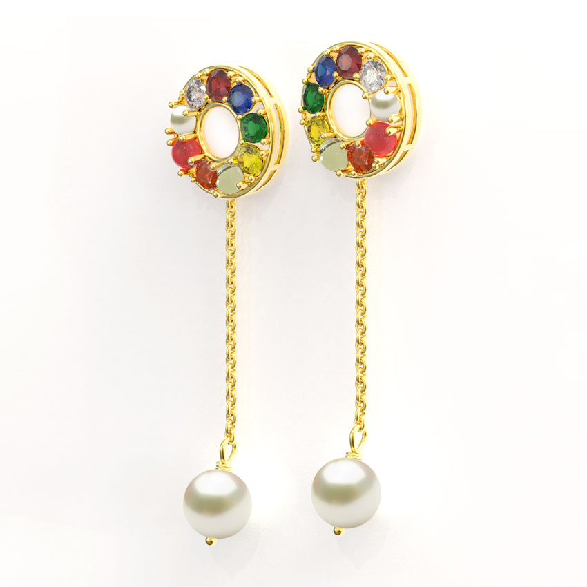 Halo Navratna Gemstone Drop Earrings