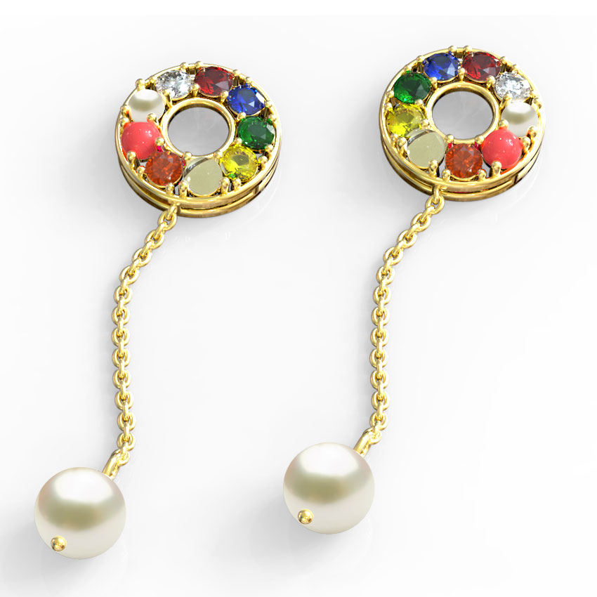 Halo Navratna Gemstone Drop Earrings