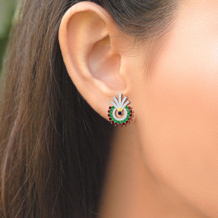 Diamond,Gemstone Earrings 18 Karat Yellow Gold Hrishita Vibrant Gemstone Stud Earrings