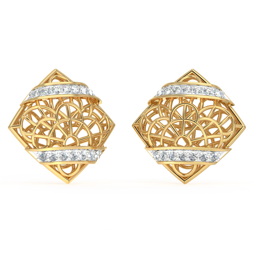 Diamond Earrings 14 Karat Yellow Gold Intricate Mesh Diamond Stud Earrings