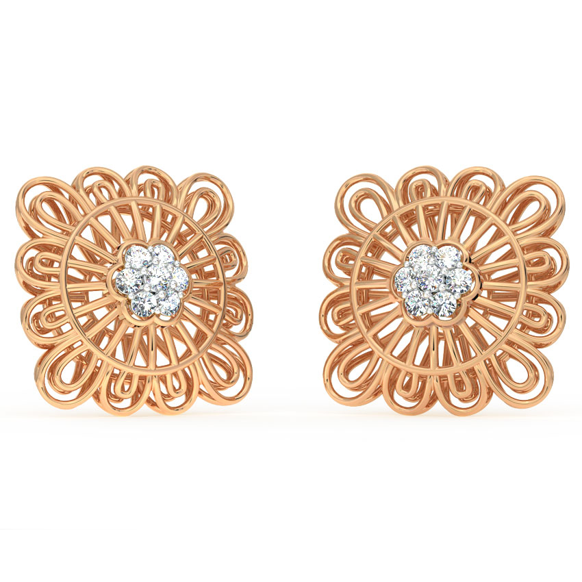 Diamond Earrings 14 Karat Rose Gold Ornate Mesh Diamond Stud Earrings