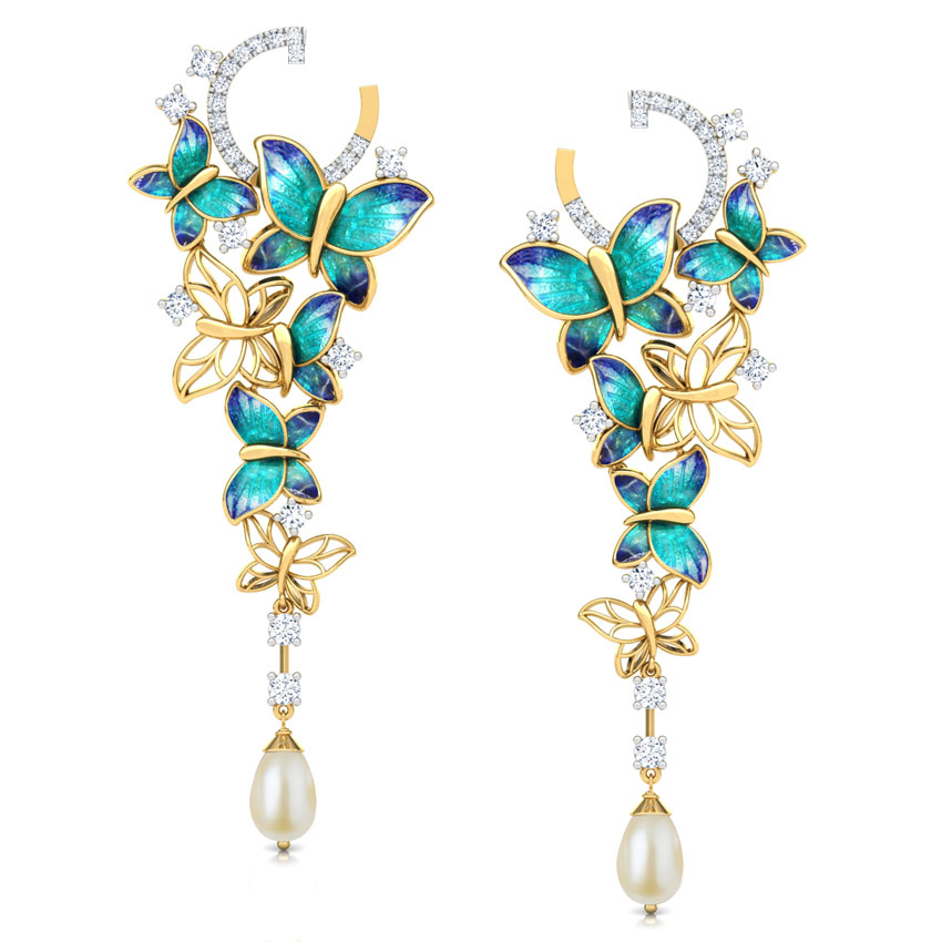 Diamond,Gemstone Earrings 18 Karat Yellow Gold Glorious Blue Butterfly Pearl Drop Earrings
