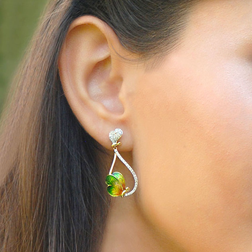Opulent Green Butterfly Diamond Drop Earrings