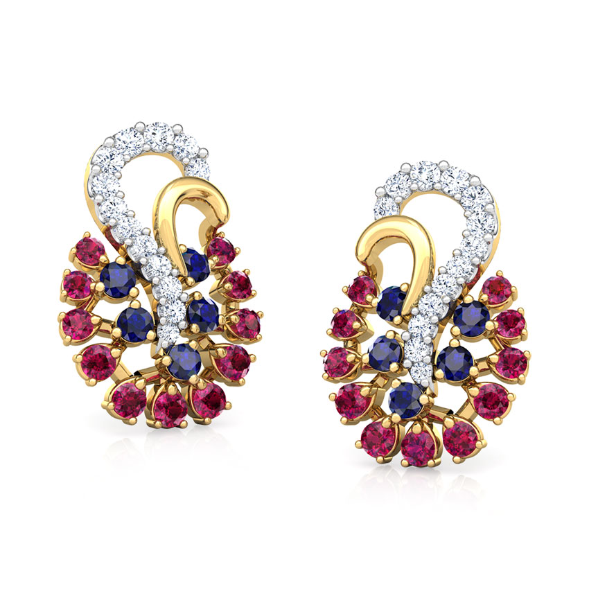Diamond,Gemstone Earrings 18 Karat Yellow Gold Mishti Vibrant Gemstone Stud Earrings