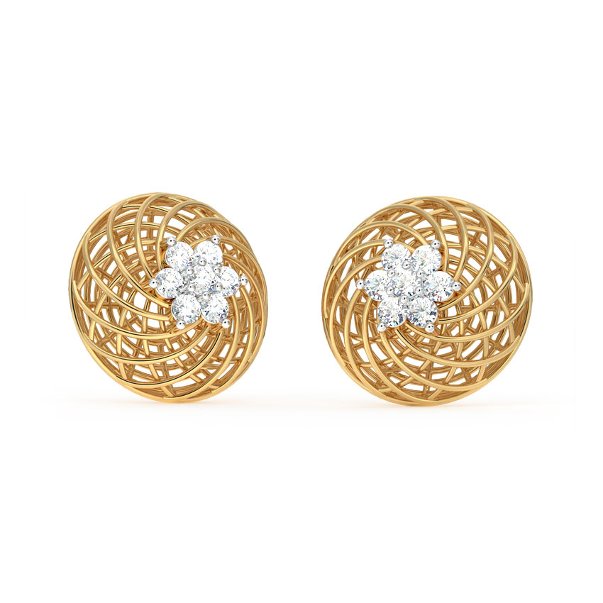 Diamond Earrings 18 Karat Yellow Gold Floret Mesh Stud Earrings