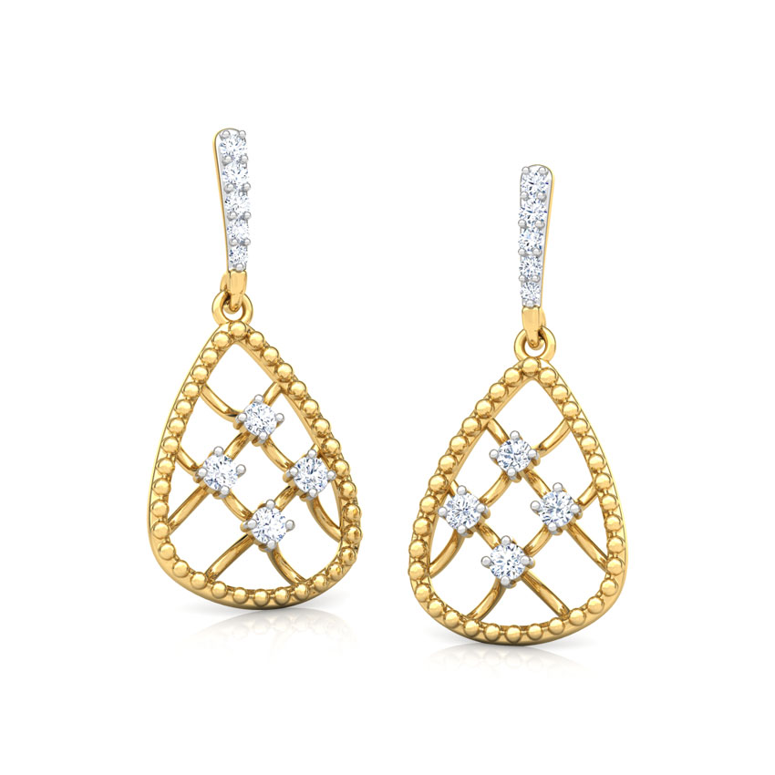 Diamond Earrings 18 Karat Yellow Gold Trigon Miligrain Diamond Drop Earrings