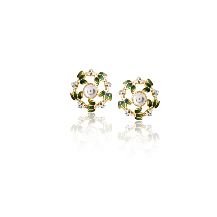 Diamond,Gemstone Earrings 18 Karat Yellow Gold Timeless Floral Diamond Stud Earrings