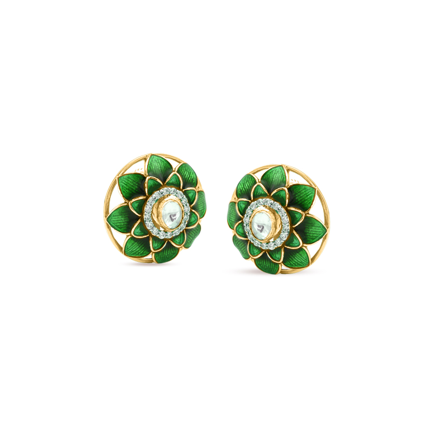 Diamond,Gemstone Earrings 18 Karat Yellow Gold Verdant Bloom Gemstone Stud Earrings