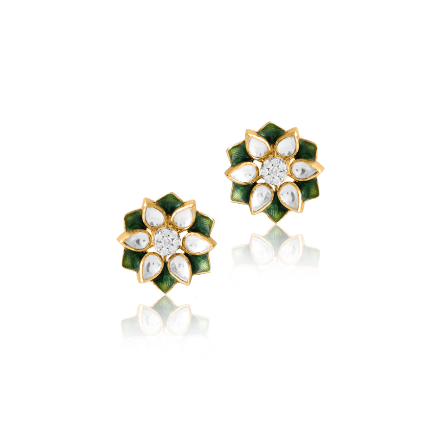 Diamond,Gemstone Earrings 18 Karat Yellow Gold Pretty Floral Stud Earrings