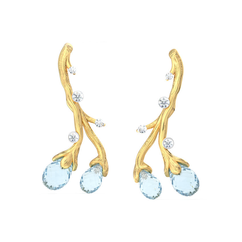 Diamond,Gemstone Earrings 14 Karat Yellow Gold Sprig Dewdrops Gemstone Ear Cuffs